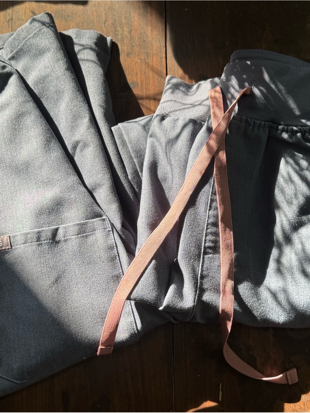 Figs Blue Grey Scrub Set with Pink Drawstring